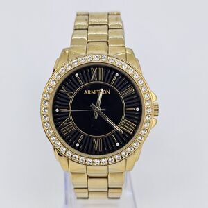 Armitron Women's Watch 40MM Black Dial Gold‎ Tone Bracelet Band 6.5" New Battery